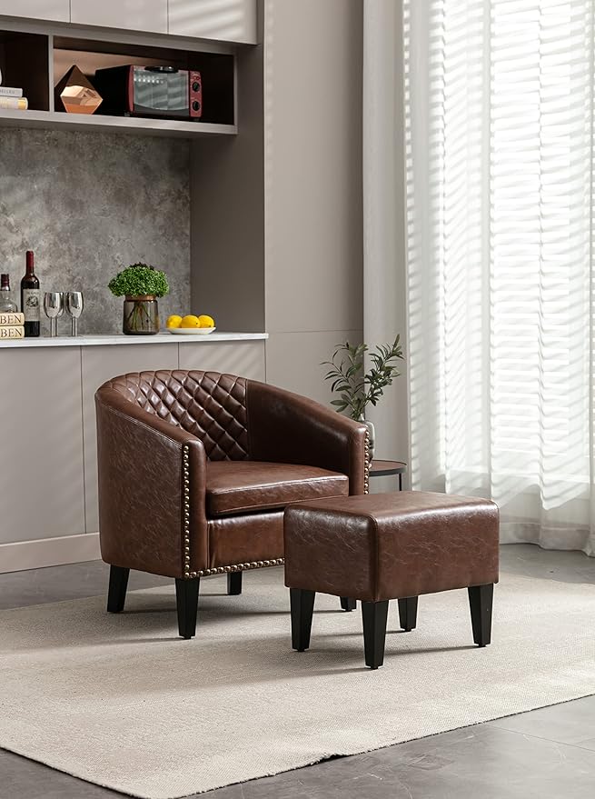 Accent Chair with Ottoman Mid Century Modern Barrel Chair Upholstered Club Tub Round Arms Chair for Living Room