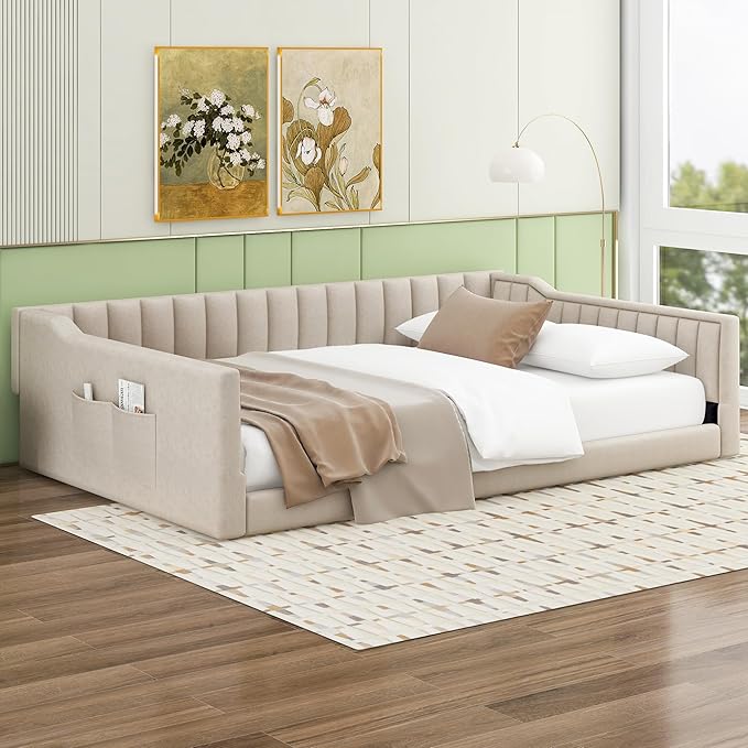 Full XL Size Floor Bed with Storage Pocket Upholstered Floor Sofa Daybed with Vertical Stripe Design for Gust RoomBedroom Living Room Beige