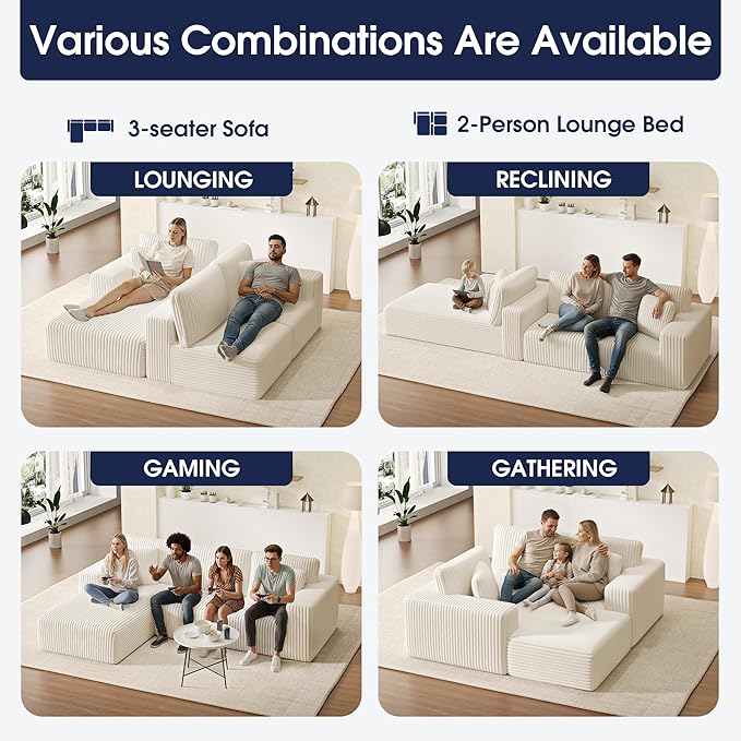 KINGYES 107'' Modular Sectional Sofa L Shaped Cloud Couch for Living Room Modern Plush Corduroy Boneless Sofa with Chaise for Bedroom Beige