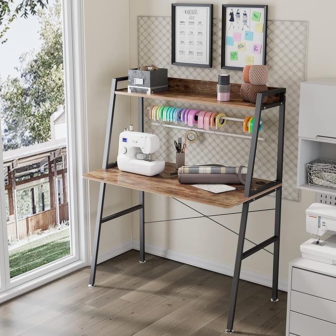 DESIGNA Small Computer Ladder Desk with Storage Shelves 43 Inch 2-Tier Home Office Students Study Writing PC Gaming Table with Bookshelf Modern Workstation for Space Saving Metal Frame Rustic Brown