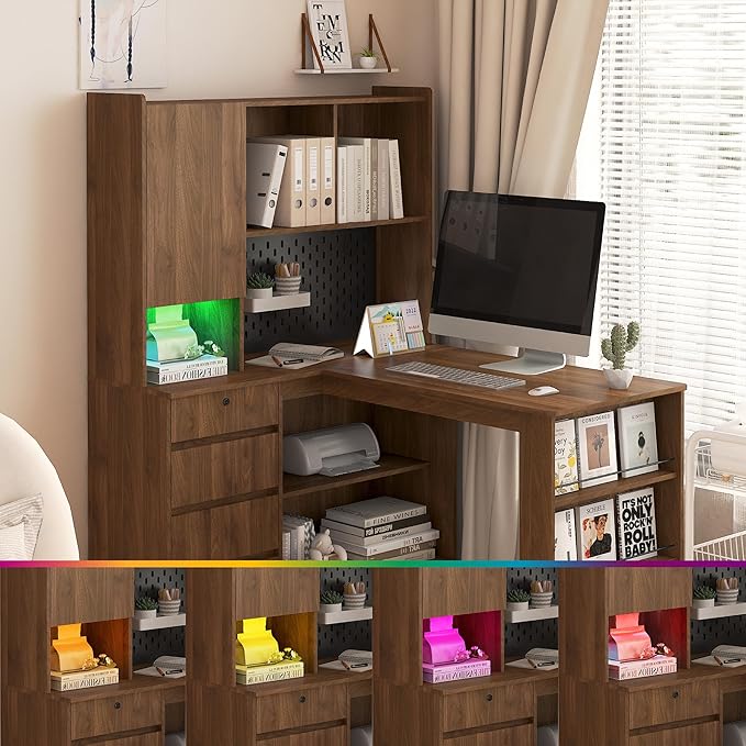 L Shaped Desk Computer Desk with Drawers Bookshelf Charger LED Light Modern Home Office Desk Study Table Writing Desk Corner Gaming Computer Table with Storage Assembly Required (Wood-A)