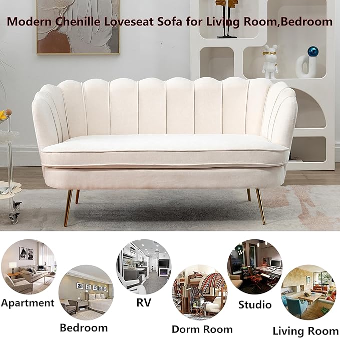 Chenille Small Sofa Couch for Small Spaces Living Room Bedroom59 Loveseat Couches with Gold Metal LegsChannel Tufted 2 Seater Sofas with Curved Back and Arms for ApartmentRV.