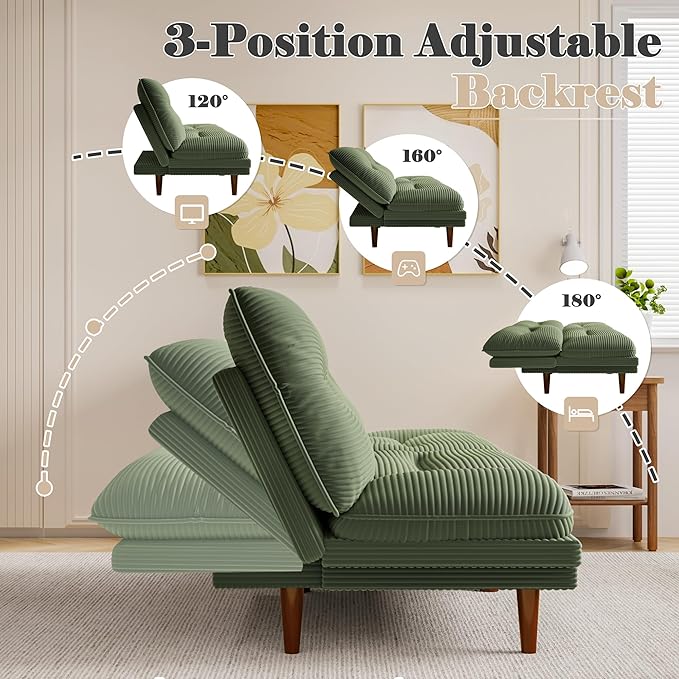 Homall Futon Sofa Bed Modern Loveseat Futon Couch with Adjustable Backrest and Armrests Sleeper Sofa Bed with Wood Frame for Living Room Office Apartment (Corduroy Green)