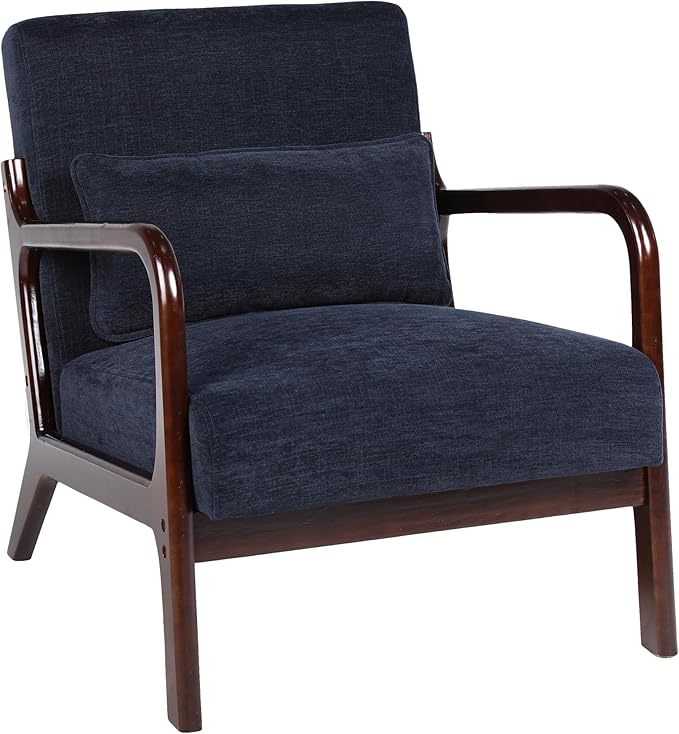 Mid Century Modern Accent ChairComfy Fabric Reading Chair with Retro Solid Wood Frame &amp High Back Upholstered Lounge Arm Side Chair for Living Room Bedroom Balcony (Antique Blue)