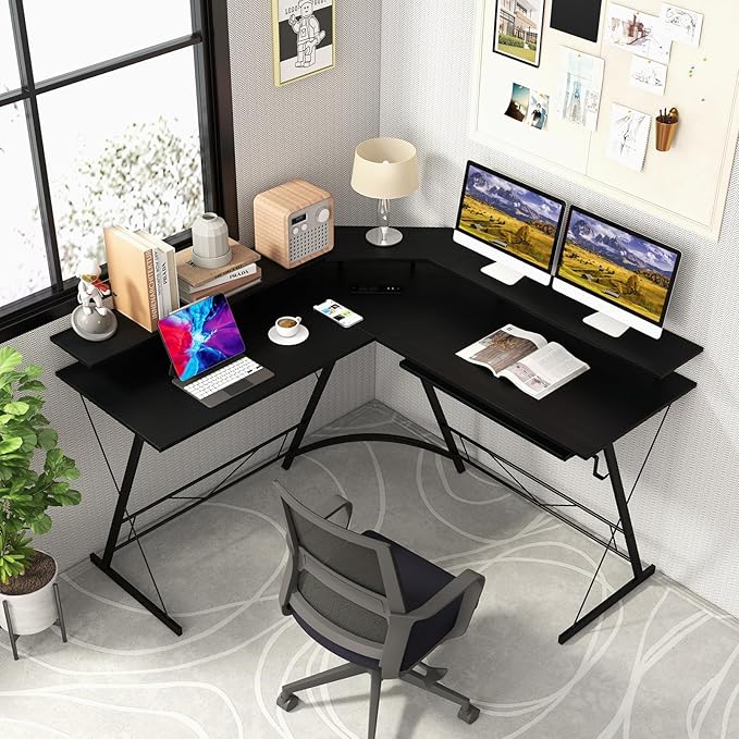Tangkula L-Shaped Computer Desk with Power Outlet 51 Corner Computer Workstation with Monitor Stand Keyboard Tray &amp Headphone Hook Ergonomic Gaming Desk for Home Office (Black)