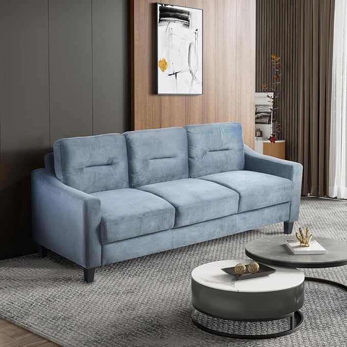 Velvet Upholstered 3 Seats SofaMordern Couch with Tufted Strip Back Cushion for LivingroomApartmentOffice Blue Grey