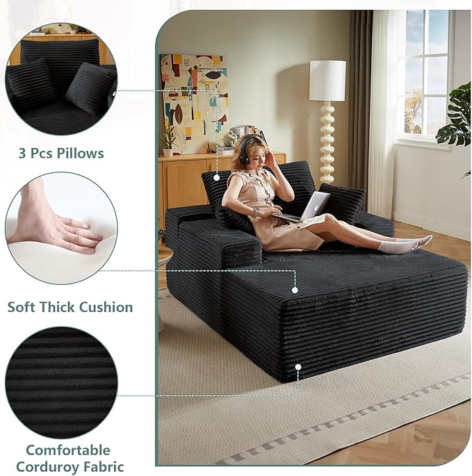 50 Oversized Chaise Lounge Chair IndoorCorduroy Boneless Reading Chair with 3 PillowsDeep Seat Cloud Sofa BedComfy Modern Sleeper Chairs in Box for Living Room BedroomNo Assembly(Black)