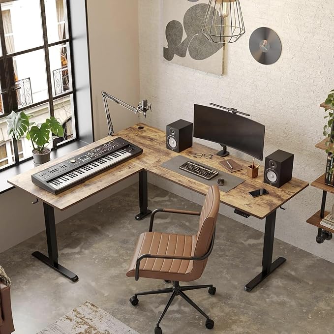 FEZIBO L Shaped Standing Desk Corner Standing Desk L Shape L Shaped Adjustable Table Rustic Brown