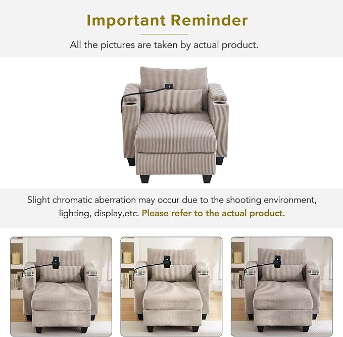 37.4 Convertible Chaise Lounge Corduroy Sleeper Sofa Chair with USB Ports Two Cup Holders Phone Holder and Ample Storage Space for Living Room and Bedroom Brown