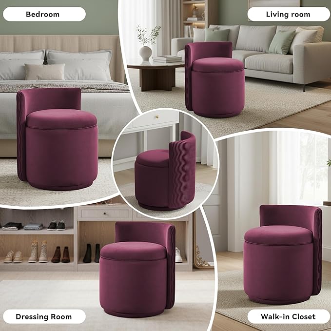 360° Swivel Velvet Vanity Chair with Storage Barrel Makeup Chair with Wave Back No Assembly Vanity Stool Small Accent Chair for Living Room Burgundy