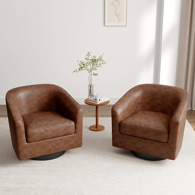Lumibee Faux Leather Swivel Barrel Chairs Set of 2 Upholstered Comfy Round Swivel Accent Chair 360° Rotation Single Sofa Club Armchair for Living Room Reading Room Bedroom Coffee