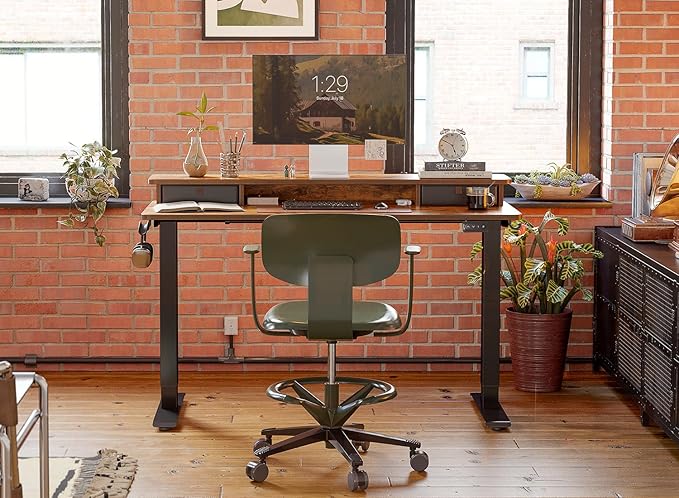 FEZIBO 40 x 24 Inch Height Adjustable Electric Standing Desk with Double Drawer Stand Up Desk with Storage Shelf Sit Stand Desk Rustic Brown