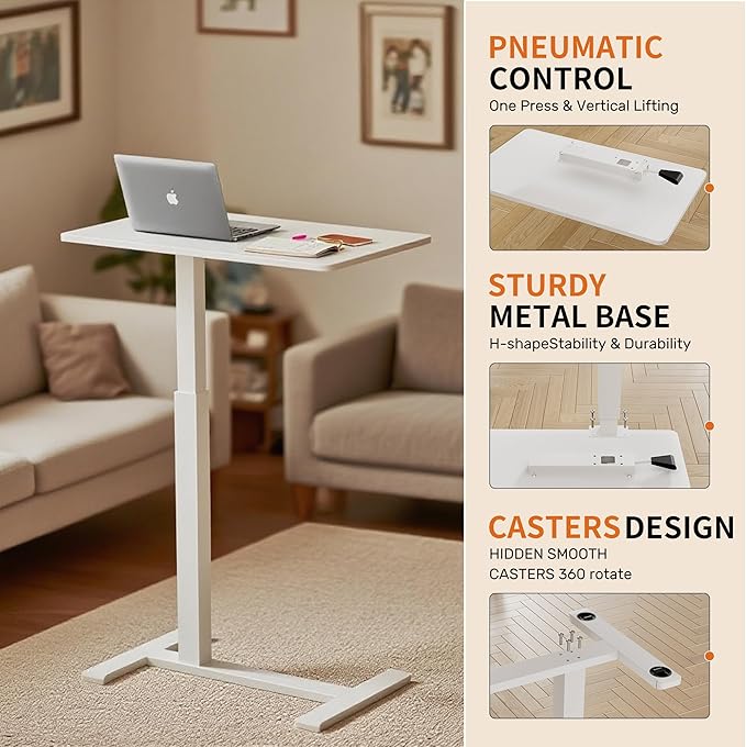 Rolling Teacher Standing Desk with Hidden WheelsPneumatic Mobile Laptop Table Height Adjustable Small Sit Standing Desk for Home OfficeWhite