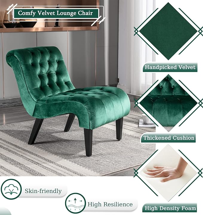 Green Velvet Armless Accent Chair Set of 2 Upholstered with Tufted Back and Rolled Edge Design Comfy Reading Chair with Solid Wooden Legs Easy Assembly