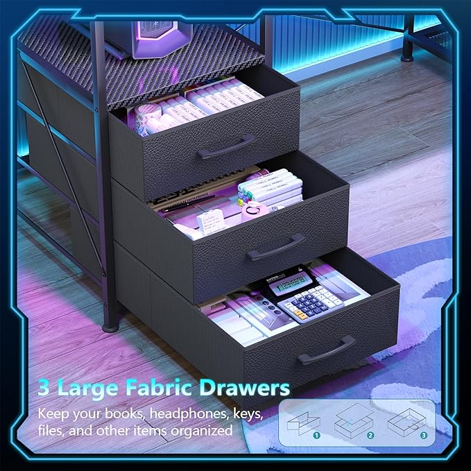 L Shaped Gaming Desk with Drawers &amp Storage Shelves Corner Gaming Desk with Power Outlets &amp LED Light Reversible Computer Desk with Monitor Stand &amp Hooks Carbon Fiber Black