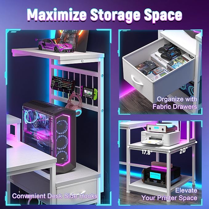 63 Gaming Desk with LED Lights &amp OutletsComputer Desk with Drawers &amp Monitor StandGaming Table with Storage Shelves &amp Printer Space for Game RoomStudy RoomHome OfficeBedroomWhite