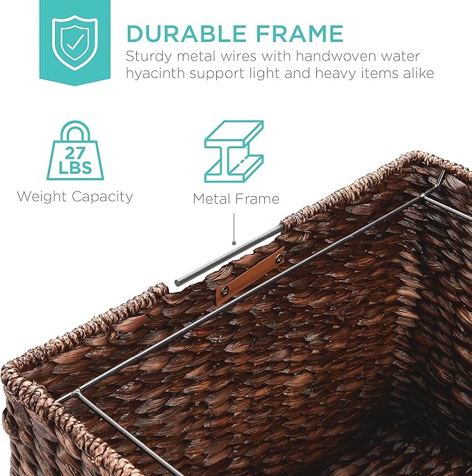 Best Choice Products Handwoven Water Hyacinth Rolling Filing Cabinet Mobile File Organizer for Hanging Folders W/Lid and Locking Wheels For Home or Office – Brown