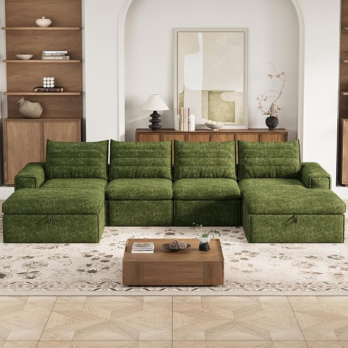 136 Modular Sectional Sofa with Deep Seat U-Shaped Cloud Couch for Living Room 4-Seater Boneless Sofa with 2 Ottomans Flexible Combination Modern Upholstery Sofa No Assembly Required Algae Green