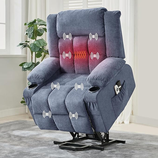 Large Power Lift Recliner Chair for Elderly with Massage and Heat 3-Position Adjustable USB Ports 2 Side Pockets 2 Cup Holders for Living Room Bedroom Blue