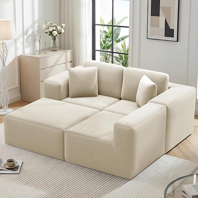 106 Cloud Sectional Couch with Ottoman L Shaped Boneless Couch with Deep Seat 3 Seater Corduroy Modular Sectional Sofa for Living Room No Assembly Required Cream Beige