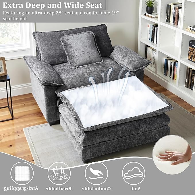 Gexpusm Oversized Accent Chair with OttomanOversized Chaise Lounge Chair Indoor with Deep SeatReading Chair Comfy Chenille Sofa Couch Chair for Living Room Bedroom Modern Lounge Chair (Grey)