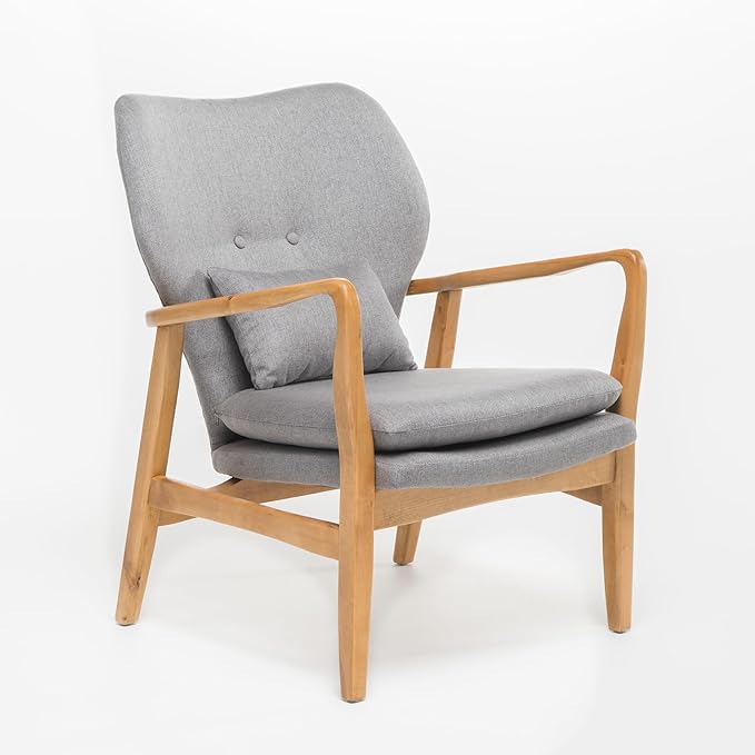 Mid-Century Accent Chairs Modern Upholstered Living Room Chair Cozy Armchair Button Tufted Back and Wood Legs for Bedroom/Office/Cafe/Living Room (Grey)