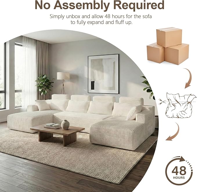 134 U-Shape Oversized Cloud Boneless Sofa Couch with Chaise Modern Modular Sectional Comfy U-Shape Cloud Couch Deep Seat No Assembly Required (White) | Boneless Sofa Ergonomic Design
