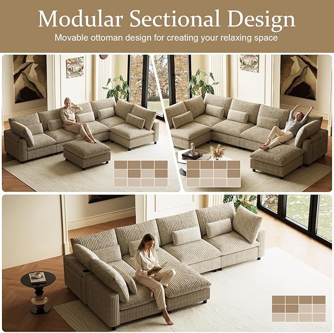 130 Oversized Cloud Couch Large Modular Sectional Sofa Modern U Shaped Sectional Couch 6 Deep Seat Sofa Set for Living Room Comfy Corduroy Cloud Sofa with Ottoman USB Port Cup Holder Light Brown