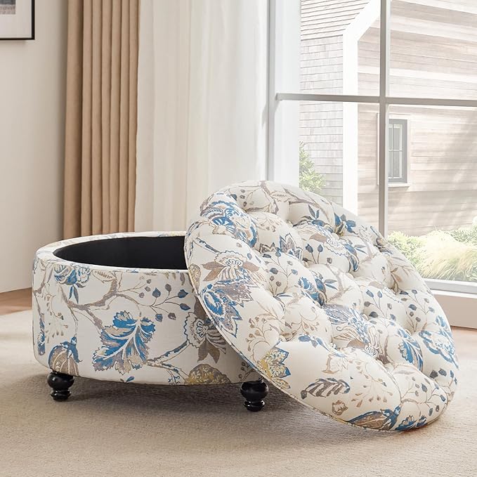 HUIMO 30-Inch Round Storage Ottoman Modern Button Tufted Coffee Table with Removable Top Upholstered Ottoman with Storage Footrest Stool for Living Room Bedroom and Office(Blue Flower)