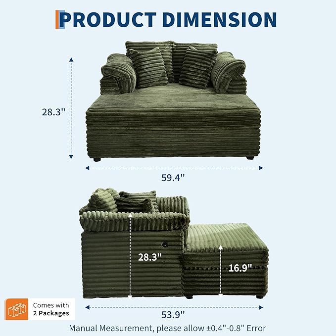 Oversized Chaise Lounge Chair Indoor Upholstered Sofa Bed with Throw Pillows and Armrests Comfy Corduroy Sleeper Couch with Cup Holders and Charging Port for Living Room Bedroom 60 Inch Wide Green
