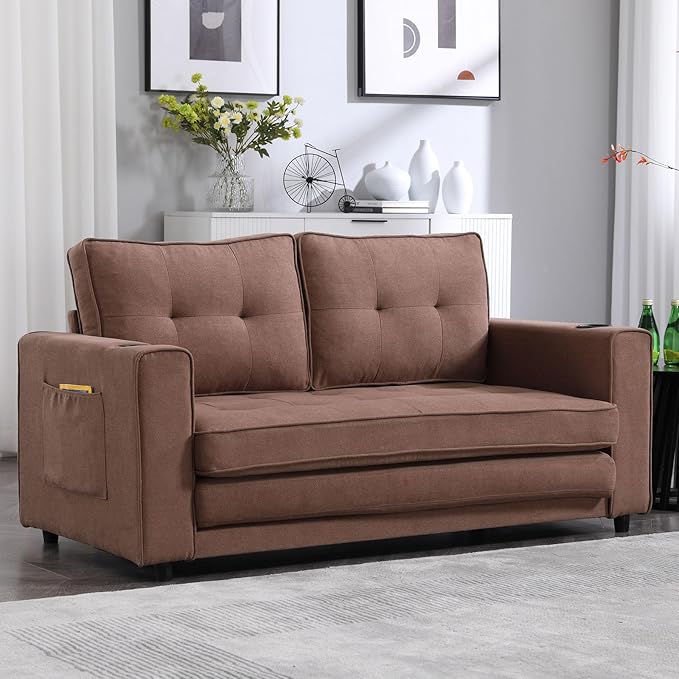 Folding Futon Loveseat Sleeper Sofa Bed with Pullout Couch Bed Comfy Convertible Floor Sofa Bed Cup Holder&amp Side Pockets for Bedroom Living Room Small Space (Brown + Cup Holder)