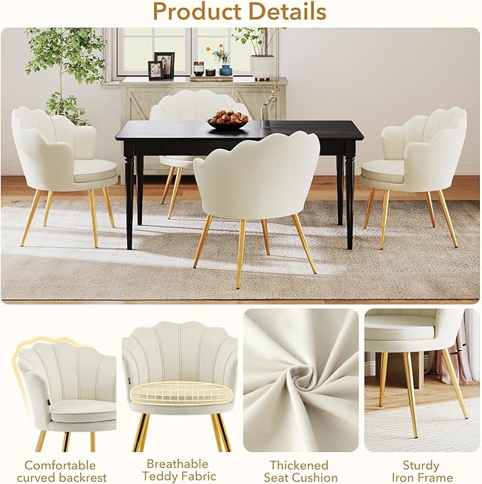 Furniliving Velvet Vanity Chair Shell Accent Chair for Living Room Upholstered Accent Chair with Gold Metal Legs Makeup Chair for Vanity Armchair Guest Chairs Side Chair for Bedroom (Khaki 1)