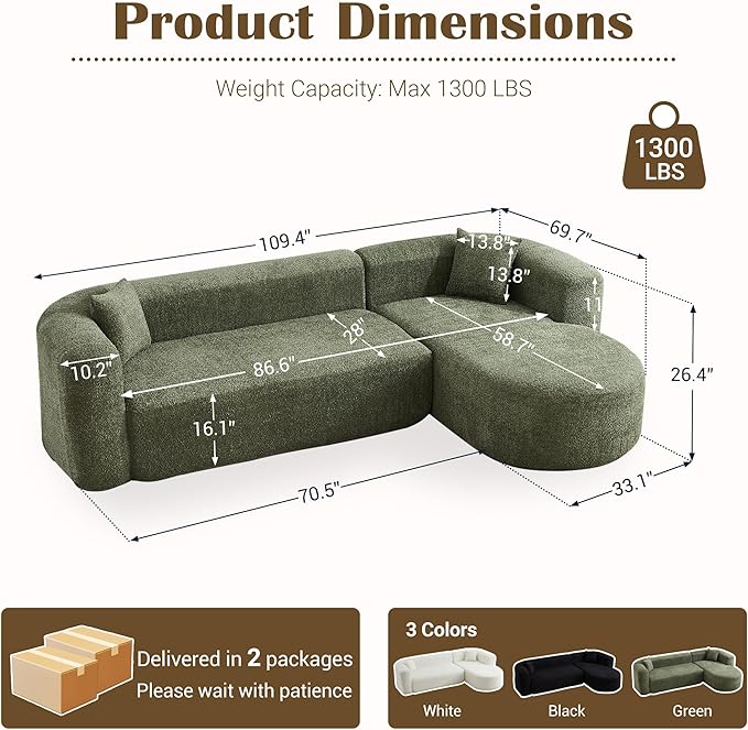110 Inch Boneless Couches for Living Room Modern Modular Sectional Curved Sofa with Chaise Minimalist L-Shape Cloud Sectional Couch No Assembly Required (Green Right-Facing Chaise)