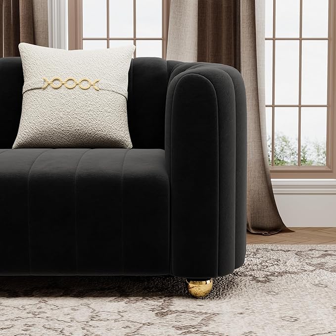 42 Velvet Sofa Chair for Living Room Modern Single Sofa with Gold Metal Sphere Legs (Black-1 Seater)