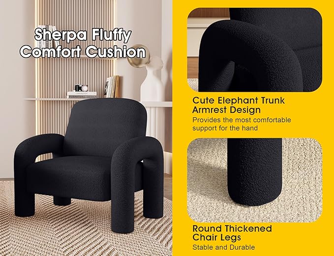Modern Sherpa Accent Chair Teddy Upholstered Arm Single Sofa Cozy Fluffy Reading Chair for Living Room Bedrooms Corner (Black)