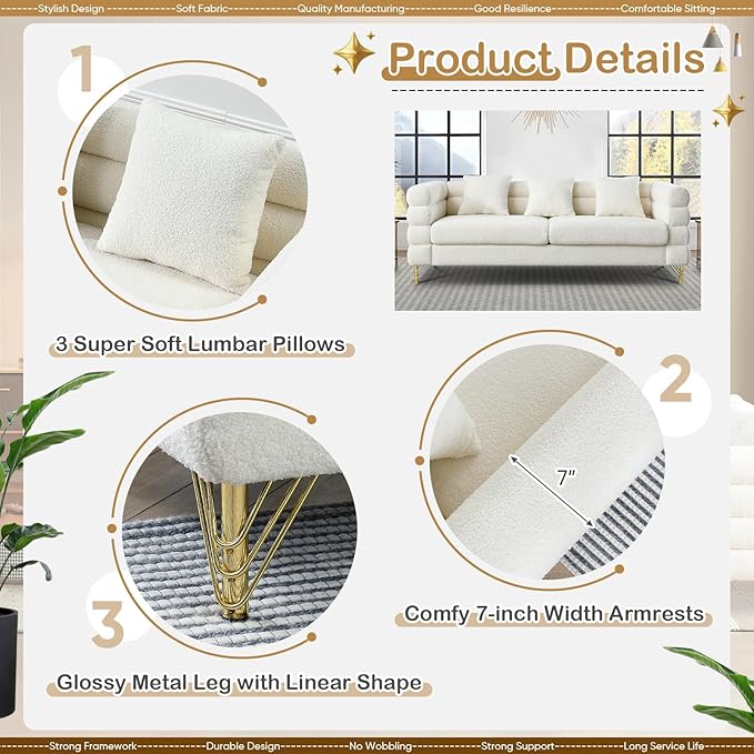 Comfy 3 Seater Sofa 81-inch Oversized Boucle Couch with Deep Seat Design Upholstered Sofa Couch with 2 Pillows Modern Living Room Sofa with Stylish Metal Legs for Office Waiting Room White Teddy