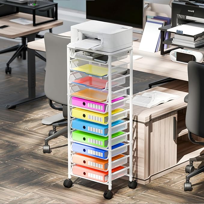 Simple Trending 12 Tier Rolling File CartWood Desk File Organizer with Sliding Trays and Wetal Mesh Paper Letter Storage Multi-Functional Rolling Clutter Cart for Office Home SchoolWhite