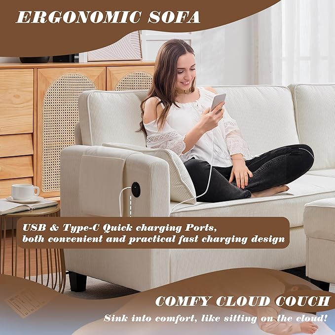 MAGIC UNION Convertible Sectional Couches for Living Room - Small Space Couches L-Shaped Sofa Upholstered 3 Seats Sofas W/Storage Chaise USB Ports Side Pockets and Pillows (Corduroy Fabric White)