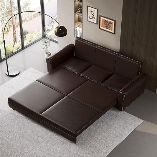 93.7 King Pull Out Sofa Bed Faux Leather Sleeper Sofa Couch 3 in 1 Convertible Futon Couches for Living Room Small Space Apartment Office Bedroom Modern Rivet Armrest Dark Brown