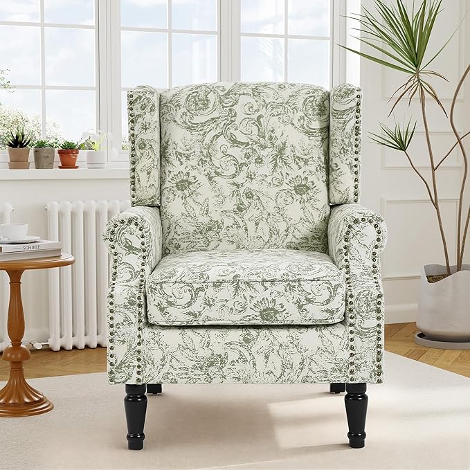 Floral High Back Accent Chair Upholstered Armchair with Solid Wood Legs Comfy Wingback Reading Single Sofa Chair for Small Spaces Living Room Bedroom(Floral Rococo Green Set of 1)