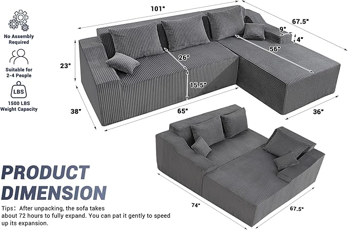 HABUTWAY 101'' Modular Sectional Sofa Cloud Couch with Deep Seat Modern L-Shaped Convertible Couches Upholstered Couch with Chaise for Living Room Bedroom (Grey Right-Facing Chaise)