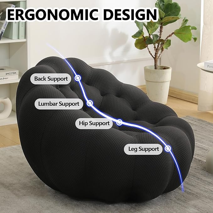 Bean Bag Grey Chair for Bedroom Small Comfy Chairs for Living Room Small Space Comfortable Corner Reading Chair for Adults/Teens No Assembly Required 350 LBS Capacity (Black)