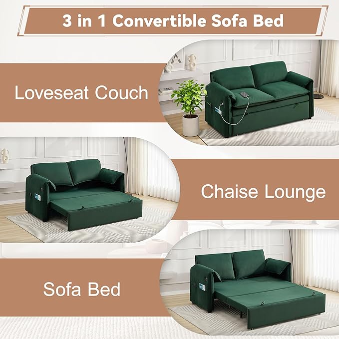 63 Velvet 3 in 1 Convertible Sleeper Sofa Bed Pull Out Couch Bed Loveseat with Adjustable Backrest Chaise Lounge USB Port &amp Side Pocket Modern Sofa for Living Room Small Spaces Green