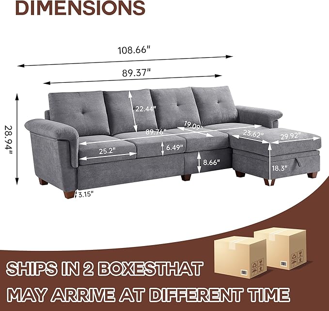 109 Convertible Sectional Sofa Modern Microfibe L Shaped Couch with Storage Chaise and Cup Holder 4 Seat Sofa Couches with Extra Headrests for Living Room Apartment Light Grey