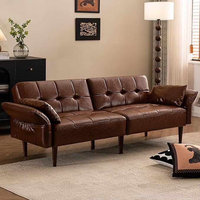 Futon Sofa Bed Sleeper Sofa Small Couch with Storage Adjustable Armrests Pillows Faux Leather Loveseat Mid Century Modern Couches for Living Room Bedroom Apartment Red Brown