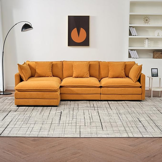 Modular Convertible Sectional Couch L-Shaped 4 Seat Sofa with Reversible Chaise Deep Seat Cloud Couch Sleeper Sofa Bed Chenille Fabric with Pillow for Living Room Bedroom and Apartment