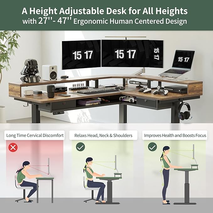 FEZIBO L Shaped Standing Desk with LED Strip &amp 2 Drawers Triple Motors Supports 330 lbs Upper and Lower Storage Shelves Available Electric Height Adjustable for Home Office Rustic Brown