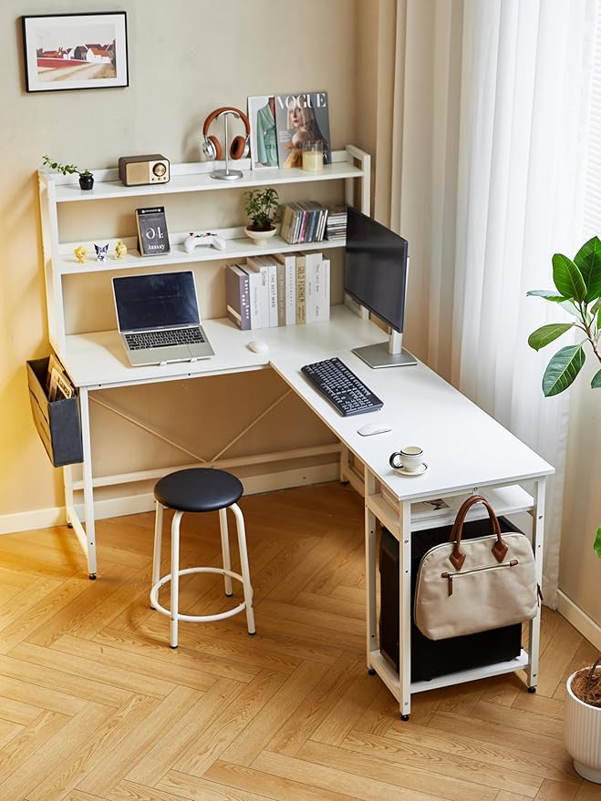 94.5 Inch Home Office Desk L Shape Gaming Desk with Storage Shelves and Stool