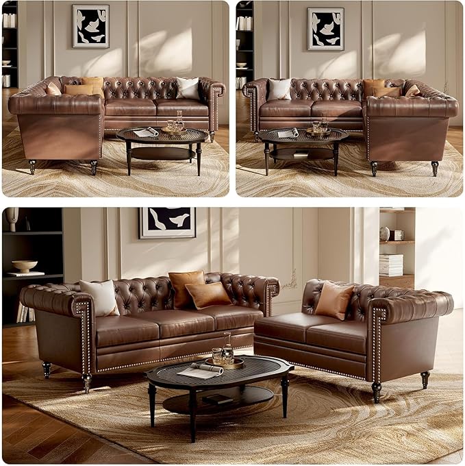 85 Chesterfield Sectional Sofa L Shaped Convertible Faux Leather Couch with Tufted Nailhead &amp Rolled Arms 5-Seater Leather sectional couches for Living Room Apartment Office Dark Brown
