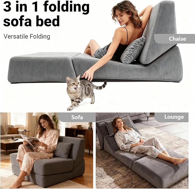 Chair Bed Sleeper for Adults Convertible Sleeper Chair Bed with Pillow 3 in 1 Folding Sofa Bed Chair Lounge with Back Support &amp Removable Washable Cover for Living Room Office (Grey) | Folding